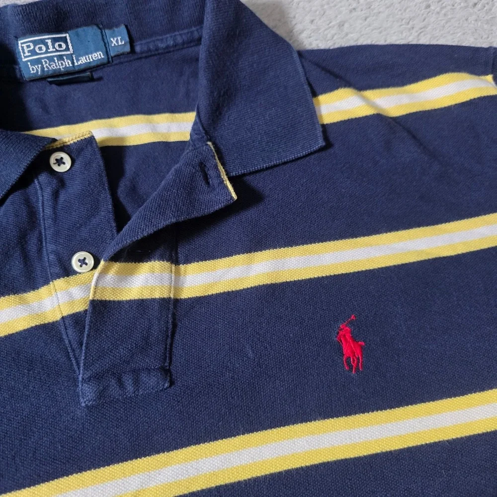 Polo Ralph Lauren Mens XL Polo Shirt Navy Blue Yellow Striped Short SLV Cotton